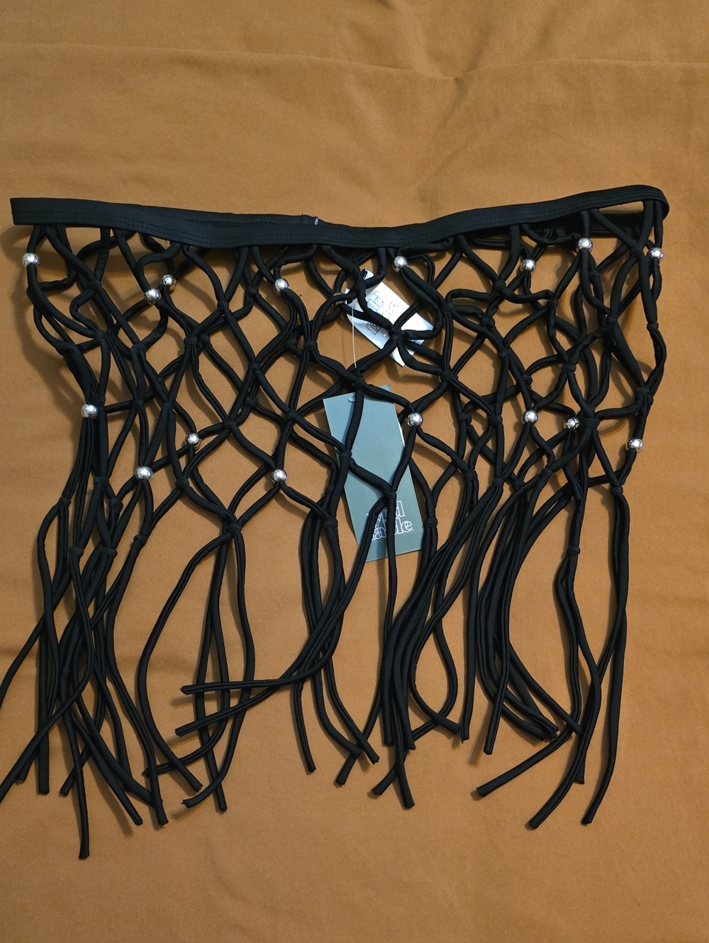 Wild Fable Black Fringe Macramé Waist Belt with Silver Beads